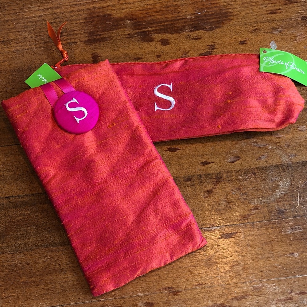 Dupioni silk eye glass case and zippered pouch.  NWT. Gorgeous orange/pink silk